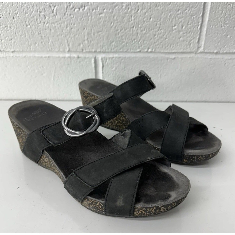 Dansko Susie Sandals Black Nubuck Open Toe Strap Wedge 3420360200 EU41/US10.5-11